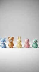 Obraz premium Row of five stylized, simplified animal figures arranged on a pale surface
