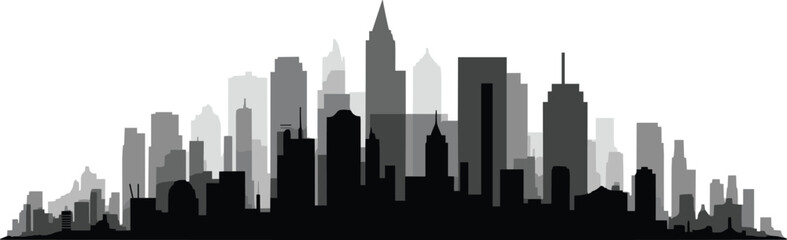 Fototapeta premium Stylized black and gray layered city skyline silhouette vector illustration with diverse architecture, urban development, metropolitan landmark design, modern cityscape graphic