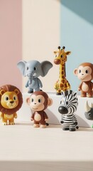 Fototapeta premium Collection of stylized, colorful plastic jungle animal figures displayed on a light surface