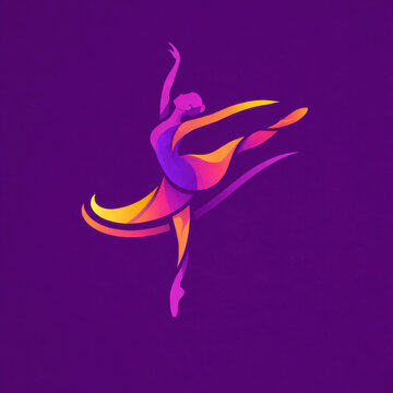 Elegant ballerina silhouette logo on purple background with flowing ribbon shapes for dance studio branding ballet class poster gym fitness app icon modern choreography and performance theme