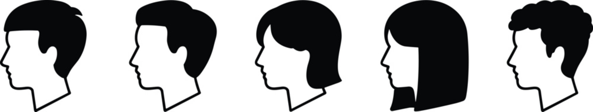 Silhouette vector illustration of diverse human head profiles with different hairstyles, male and female side view icons for design