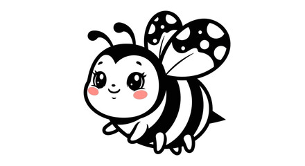Obraz premium A cute cartoon bee with big eyes and black and white stripes, flying with its wings spread.
