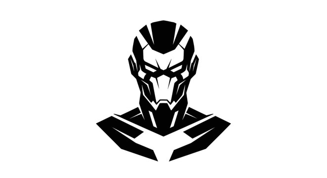A striking black and white graphic illustration of a futuristic cyborg or robot head.