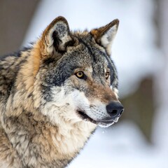 Fototapeta premium Close-up of a wolf's head in a snowy environment, showcasing fur and eyes