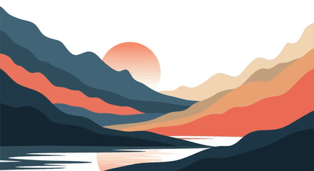 Serene mountain landscape with a vibrant sunset reflecting on a calm lake. © Alule