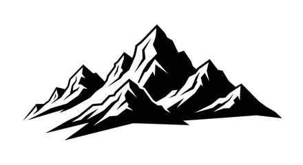 A stylized black and white illustration of a majestic mountain range with sharp peaks and dramatic shadows.