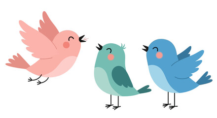 Three cute cartoon birds singing together, one pink bird flying and two colorful birds standing on a white background.