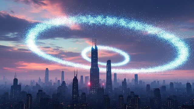 Futuristic cityscape illuminated by swirling holographic energy rings around skyscrapers at