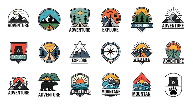 A collection of colorful outdoor adventure and nature-themed logos featuring mountains, trees, tents, and wildlife, designed in a flat line-art style.