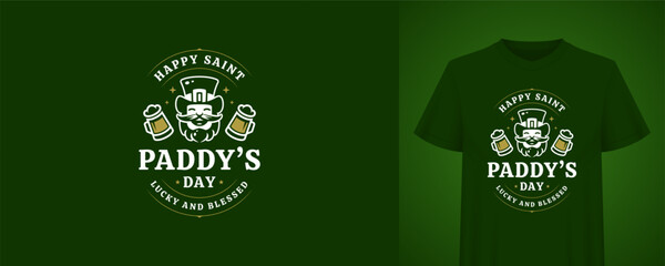 Saint Paddys Day greeting template with leprechaun. Vintage t-shirt print design. Irish holiday retro badge vector illustration for festive celebration, beer party, pub bar, lucky decor © provectors
