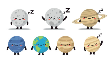 Sleeping planets and moons cartoon characters © Pandaman1102
