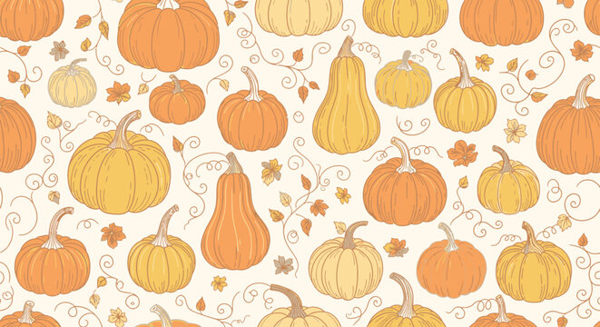 A seamless pattern featuring a variety of pumpkins and gourds in shades of orange and yellow, interspersed with delicate vine and leaf motifs on a cream background.