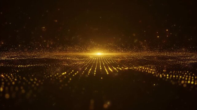 Golden Radiant Light Emanating from Center with Halo and Glowing Dots in a Dark Cosmic Space
