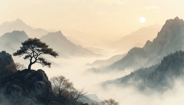 Misty mountains landscape in traditional asian art style with ancient pine tree on rocky cliff. Sun rises over vast mountain range with fog valley below.