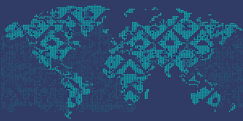 Fototapeta premium A digital world map constructed from numerous small teal colored squares