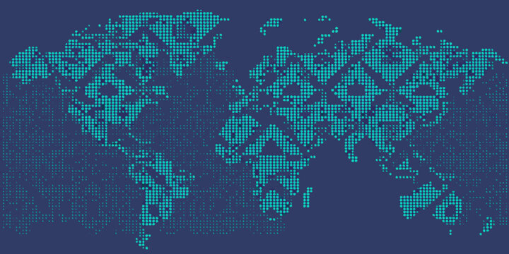 A digital world map constructed from numerous small teal colored squares