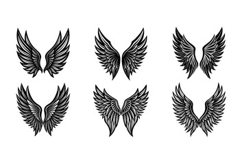 Obraz premium Collection of Six Ornate Black and White Angel Wing Featuring Detailed Feather Textures and Stylized Arranged in Two Rows of Three Against a White Background Tattoos or Emblems
