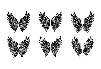 Collection of Six Stylized Black and White Angel Wing Featuring Intricate Feather Details and Varied Shapes Arranged in Two Rows on a White Background for