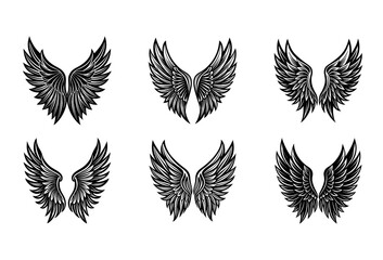Obraz premium Six distinct black and white of feathered angel wings arranged in two rows of three, each pair showcasing unique feather patterns and wing shapes, presented on a clean white background, emblem or