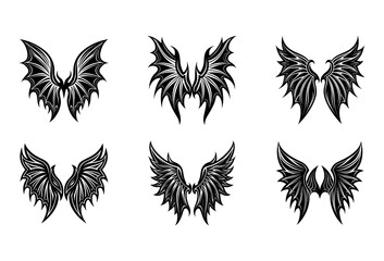 Obraz premium Group of Six Black Wing in Diverse Fantasy and Gothic Styles Featuring Feathered and Spiky on a White Isolated Background for Applications