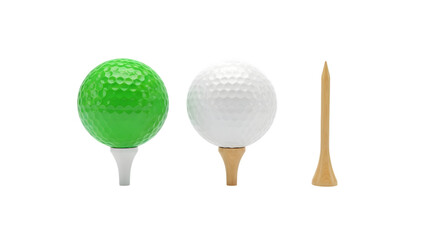 Golf balls on tees, one green and one white, ready for the game, isolated on white background. png