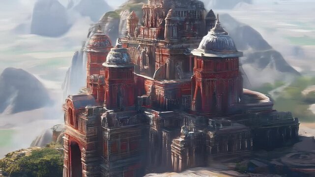 Grand red stone temple complex, on a hill, shrouded in mist, painted look