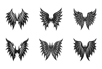 Obraz premium Six distinct black tribal wing arranged in two rows of three on a white background each featuring unique feather patterns and sharp edges suggesting a gothic or fantasy aesthetic tattoo or
