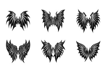 Obraz premium Collection of Six Stylized Black and White Wing Featuring Sharp Jagged Edges and Detailed Feather Patterns Arranged in a Two-Column Grid on a White Background Representing Fantasy Creatures and