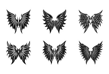 Six Black and White of Stylized Wings with Elaborate Feather Details and Spiky Outlines Presented in a Grid Format on a White Background for Fantasy or Tattoo