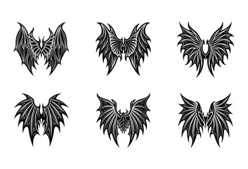 Naklejka premium Collection of Six Black and White Stylized Wing Featuring Intricate Feather Work and Sharp, Pointed Edges Arranged in a Grid on a White Background for Fantasy or Tattoo Applications