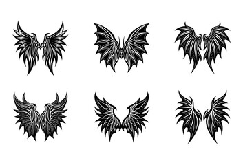 Obraz premium Collection of Six Black Wing with Intricate Feather Details and Sharp Edges Arranged in Two Rows on a White Isolated Background for and Tattoos