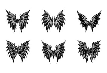 Obraz premium Six Black Stylized Dragon and Bat Wings with Sharp Spiky Edges and Detailed Feather Patterns Arranged in a Grid of Two Rows and Three Columns on a White Isolated Background for and Tattoo