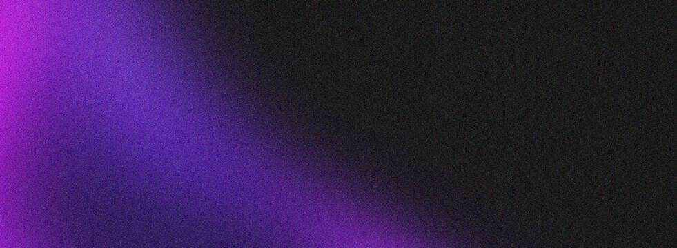 Abstract dark background with bright purple light leak gradient texture grainy film overlay vintage effect black color wide screen aspect ratio banner design