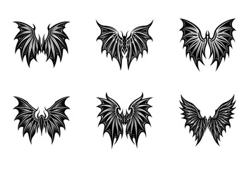 Obraz premium Six Diverse Black and White Stylized Wing Showcasing a Variety of from Spiky Bat Wings to Elaborate Feathered Wings with Intricate Detail and Sharp Edges Against a White Background for Use