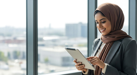 Fototapeta premium Woman in hijab looking at a tablet while enjoying a city view from a high-rise building
