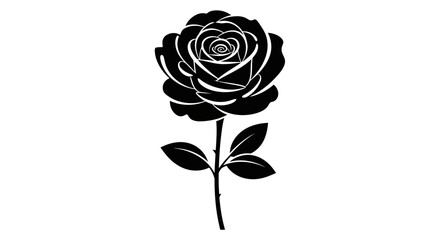 A striking black and white illustration of a single rose with detailed petals and leaves on a stem. © deni