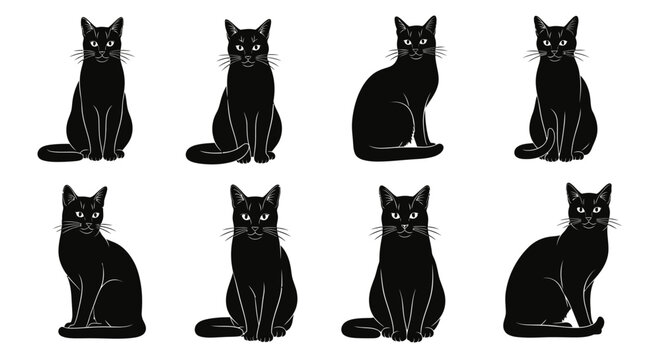 A collection of eight black cats sitting in various poses, showcasing their sleek fur and piercing eyes.