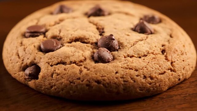 Close up macro shot of a single fresh chocolate chip cookie sitting on a wooden surface, emphasizing the delicious golden texture and prominent chocolate pieces.