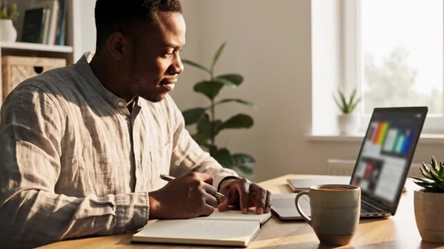 Thoughtful young man working from home, writing in notebook, engaged in creative process, modern workspace setting