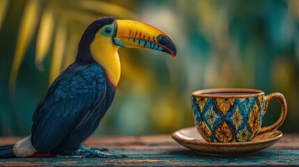 Fototapeta premium Colorful toucan sitting beside ornate ceramic cup of Brazilian coffee in tropical setting