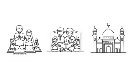 Obraz premium Islamic Family Prayer, Reading, and Mosque Illustration Set