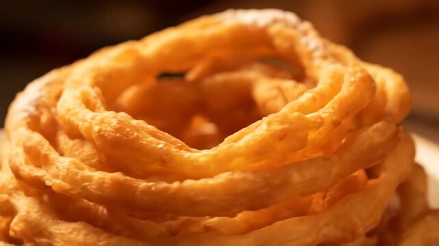 Delicious Stack of Golden Deep Fried Churro Loops or Spanish Porras Dusted Heavily with White Powdered Sugar, Presented in a Close-Up View.