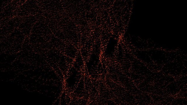 Red dots scatter across black field forming textured organic pattern