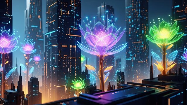 Futuristic cityscape illuminated by vibrant neon glowing digital floral structures blending