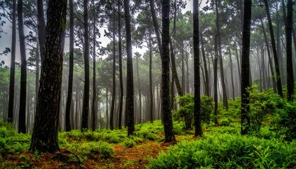 Obraz premium Dense forest scene, tall trees stretch into mist, lush green undergrowth covers the forest floor