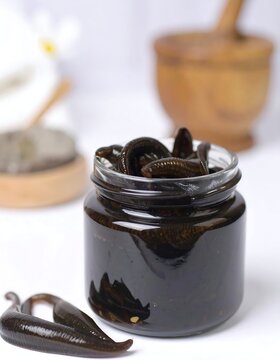 Jar of leeches in dark liquid, spa setting