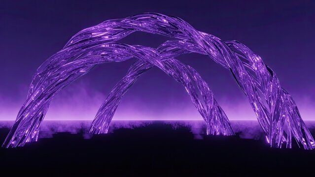 Futuristic Illuminated Structural Art Installation in Vibrant Purple at Night