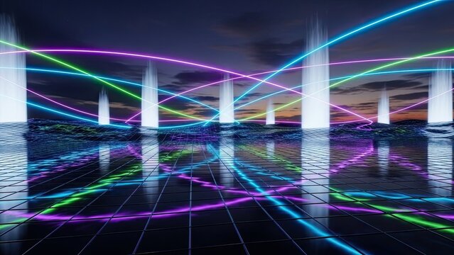 Futuristic cityscape illuminated by vibrant neon laser lights reflecting on water surface at