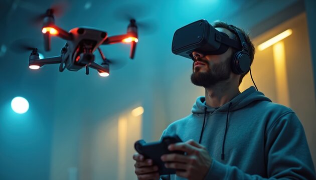 Man in VR headset pilots drone with controller. Virtual reality goggles immerse operator in aerial flight. Technology and entertainment blend for immersive future.