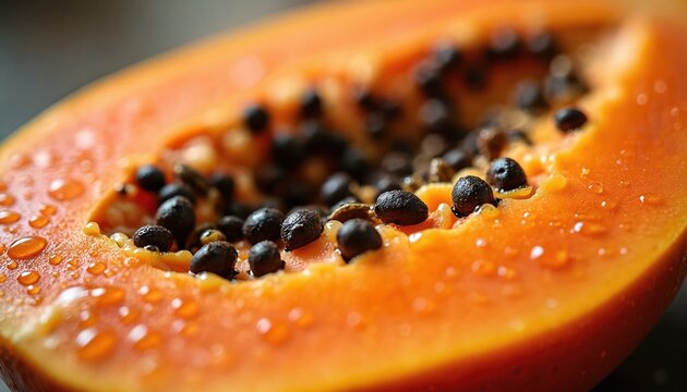 Juicy papaya half reveals bright orange flesh and black seeds. Water droplets glisten on ripe fruit. Fresh, exotic, healthy food for your design.